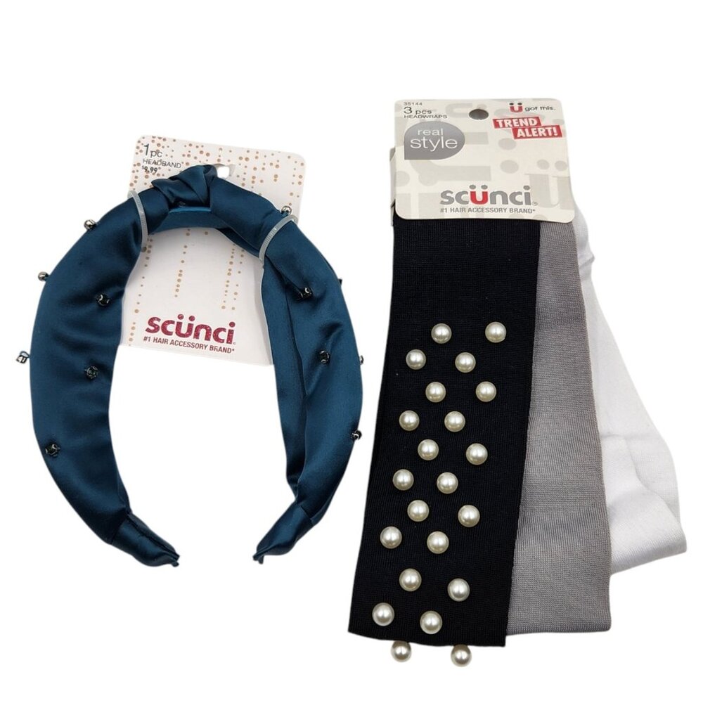 Scunci Deep Teal Fabric Hair Headband‎ and 3 Pcs Headwraps Set Jewels